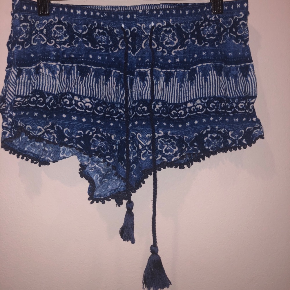 Blue and White Printed Drawstring Shorts
